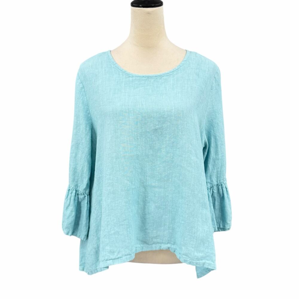 Bryn Walker Fran Blue 100% Linen 3/4 Ruffle Sleeve Asymmetrical Lagenlook Top